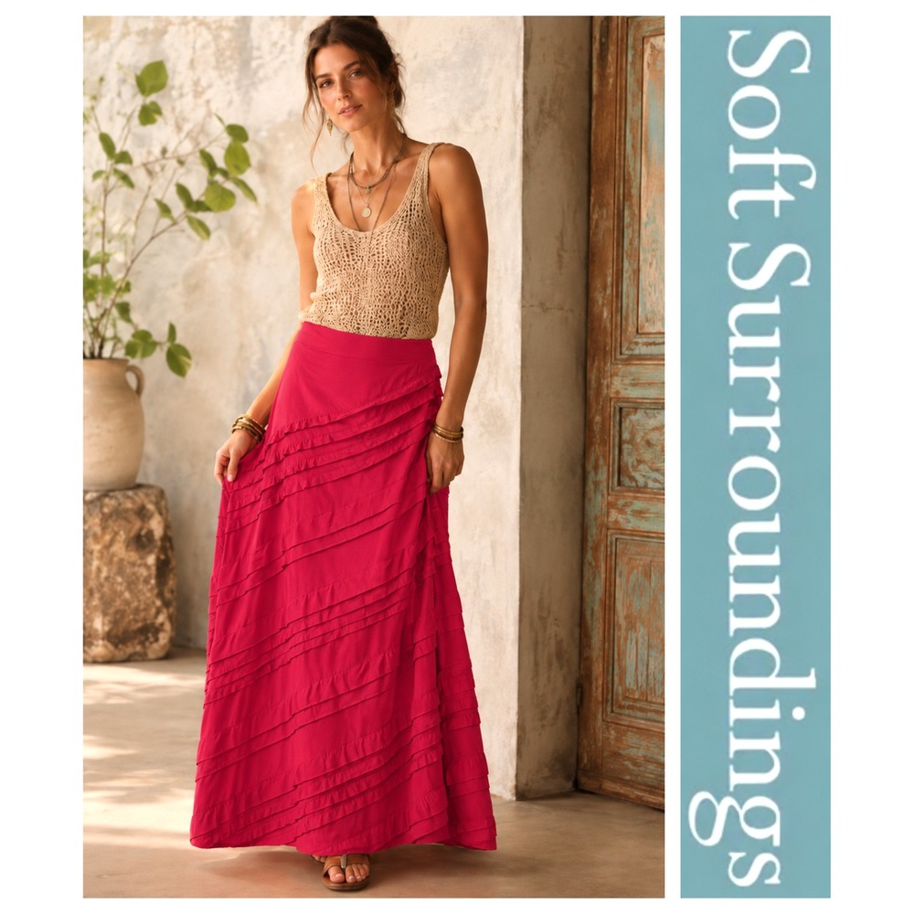 Soft Surroundings Rosemary Coral Ruffle Tiered Knit Stretch Maxi Skirt Sz Tall M